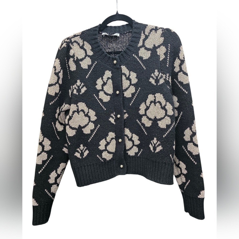 Zara‎ Black Metallic Floral Knit Cartigan Sweater Size M Gold Button Front